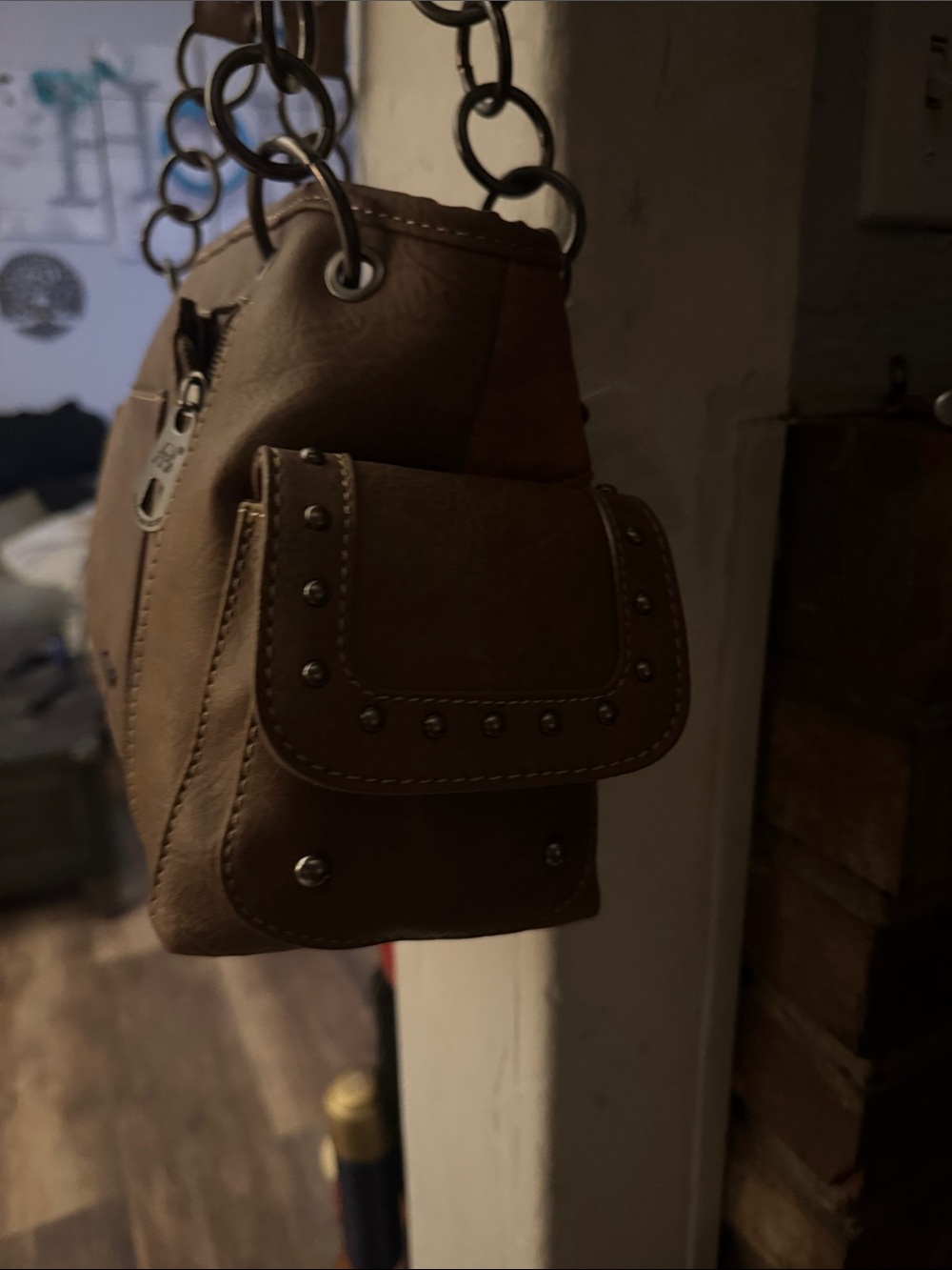 Tan Embroidered Feather Shoulder Bag with Stud and Tassel Detail - Picture 10 of 11